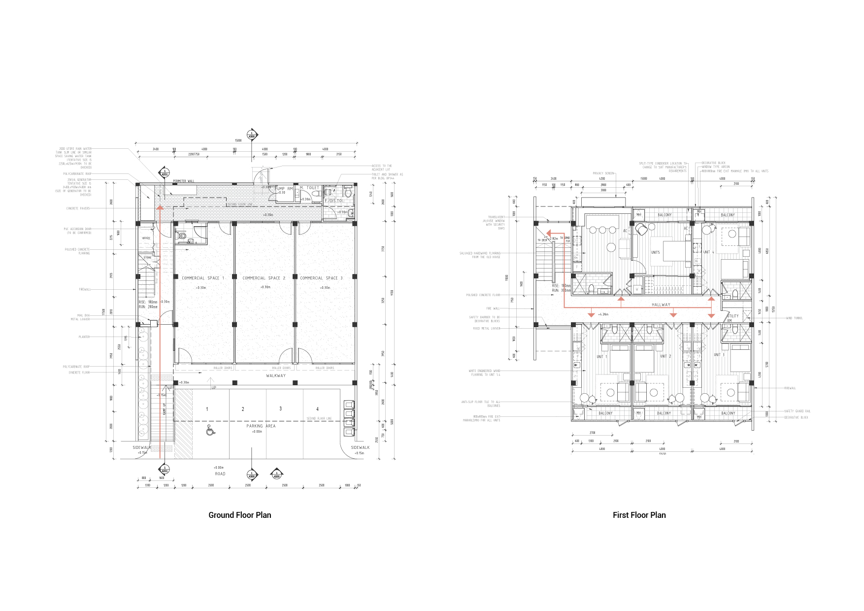 Ground and Second Floor plan of a mixed use building.