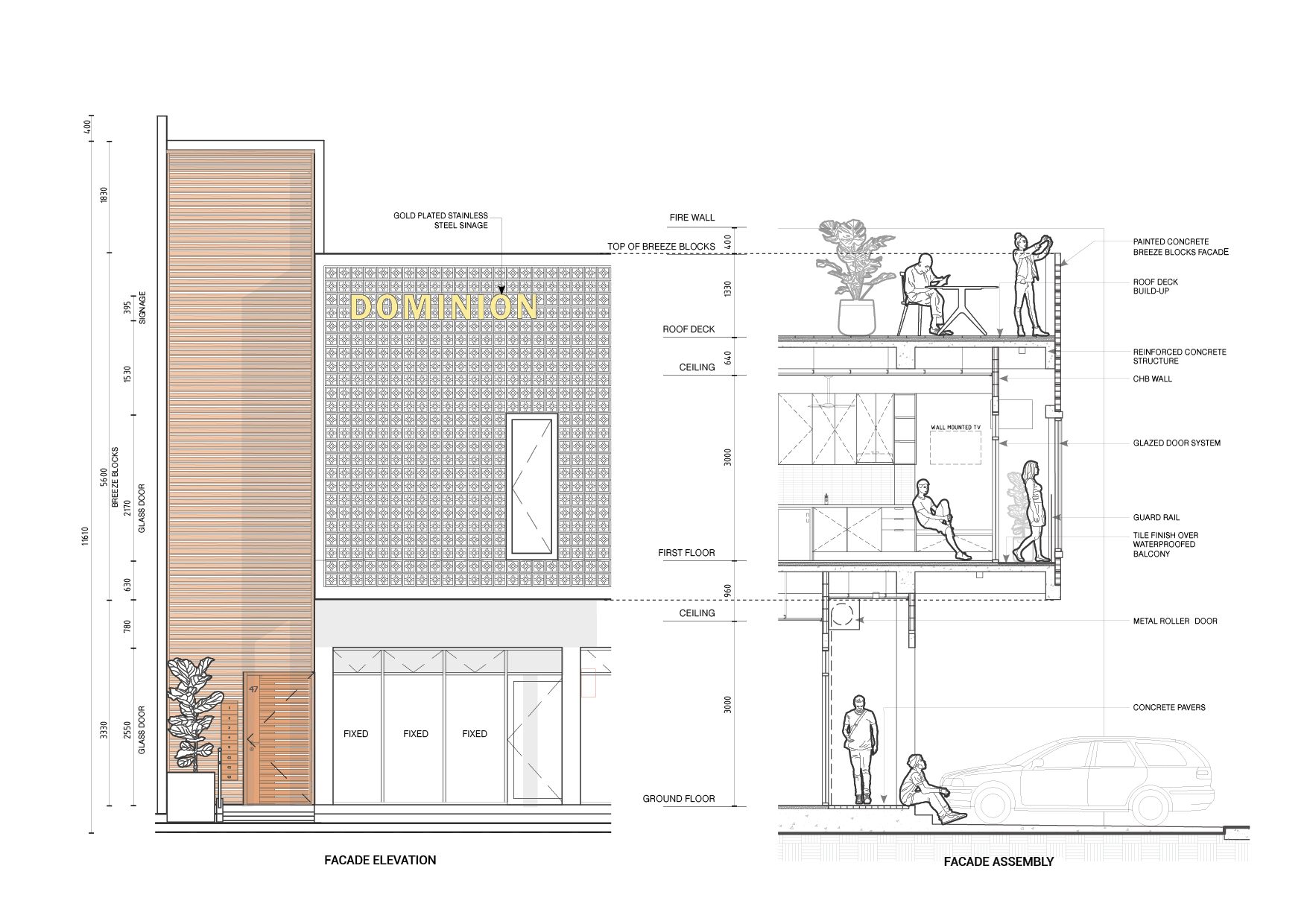 Facade Elevation and Section. Metal Louvre and Breeze Blocks.